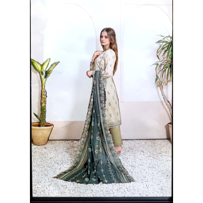 Olive Noir Block Print   Lawn Cotton Dress Material - Mocna