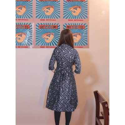 Black Floral Printed Kurta with Adjustable Belt and Collar – Mocna