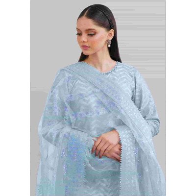 Light Blue Fox Georgette Embroidered Pakistani Suit – Unstitched Dress Material for Women with Santoon Inner &amp; Dupatta" -Mocna