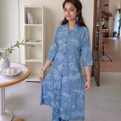 Blue Printed Co-ord Set for Women – Casual &amp; Office Wear – Mocna