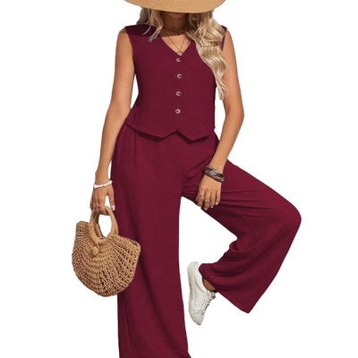 Women’s Slub Cotton Maroon Sleeveless Top &amp; Pant Set- MOCNA