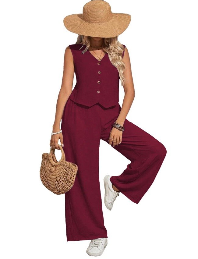 Women’s Slub Cotton Maroon Sleeveless Top &amp; Pant Set- MOCNA