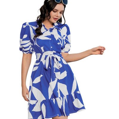 Blue Printed Slub Cotton Dress  - Mocna