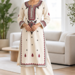 Ivory Heavy Thread Work Khadi Cotton Kurta Pant Set- MOCNA