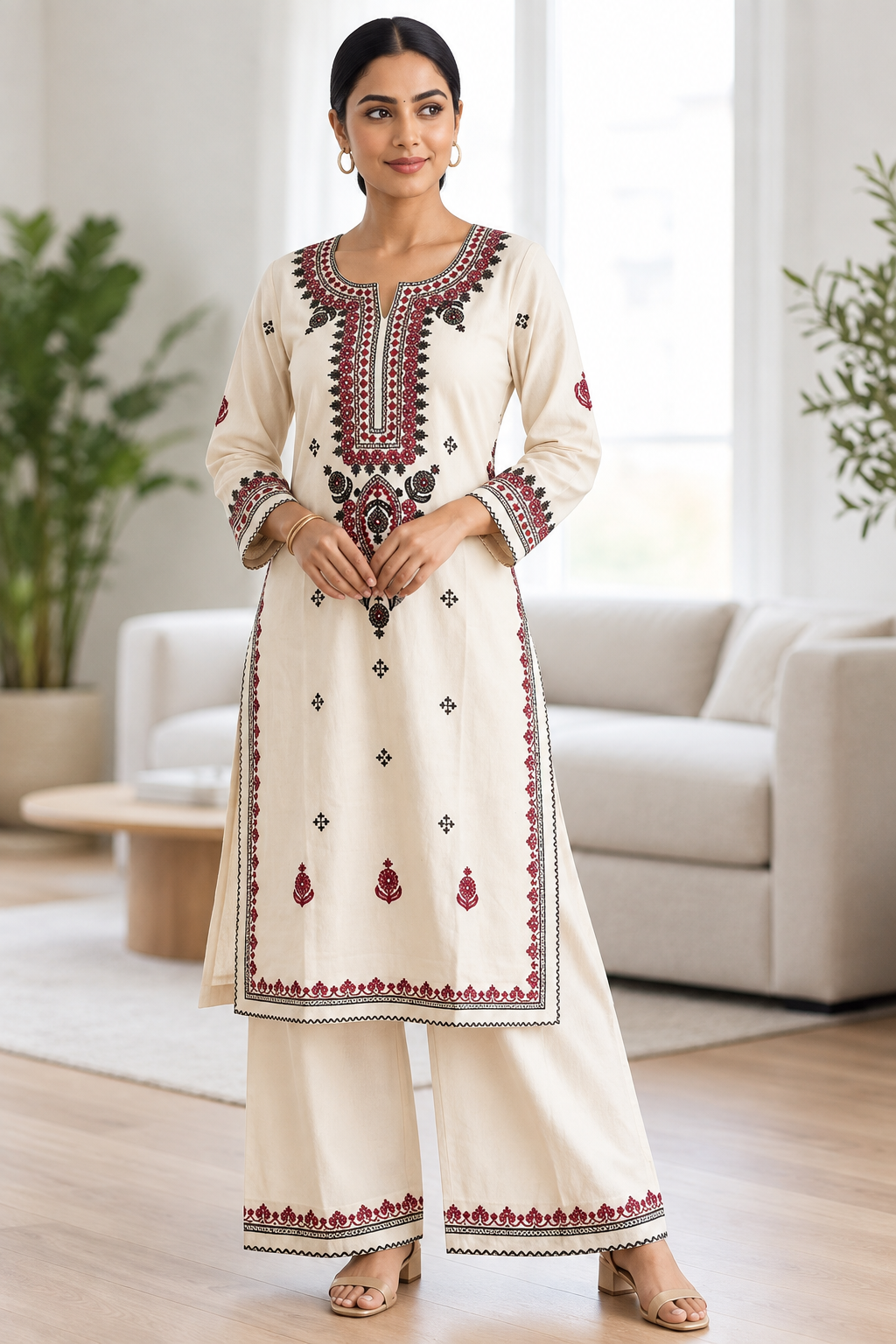 Ivory Heavy Thread Work Khadi Cotton Kurta Pant Set- MOCNA