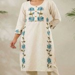Ivory Lotus Thread Work Khadi Cotton Kurta Pant Set- MOCNA