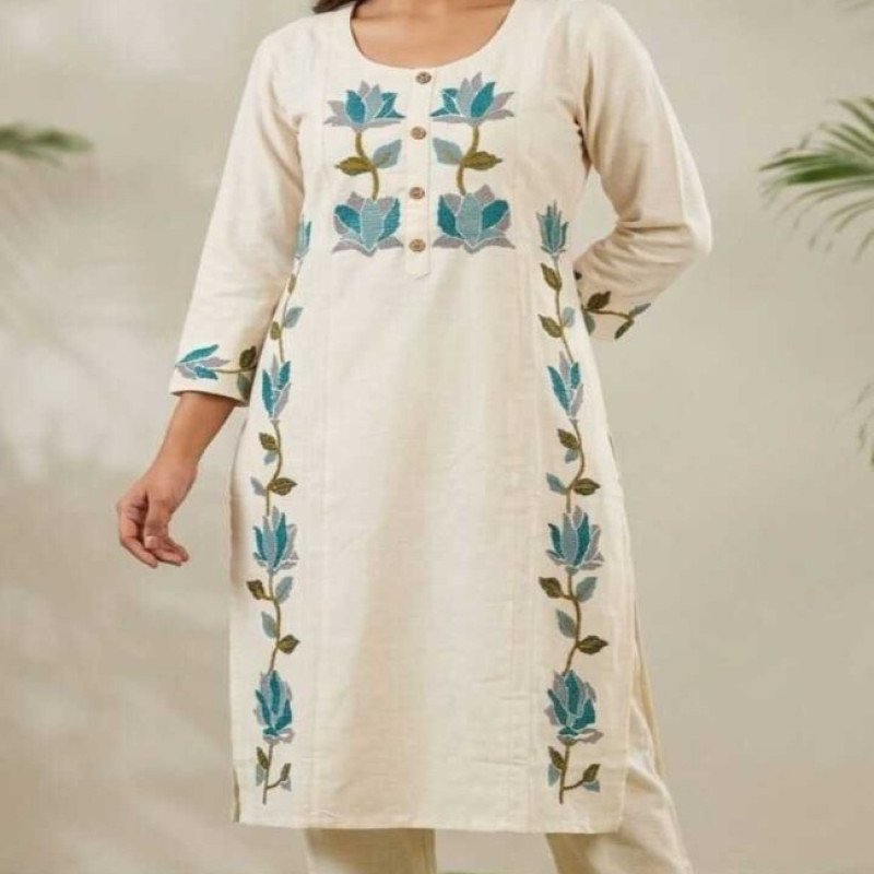 Ivory Lotus Thread Work Khadi Cotton Kurta Pant Set- MOCNA