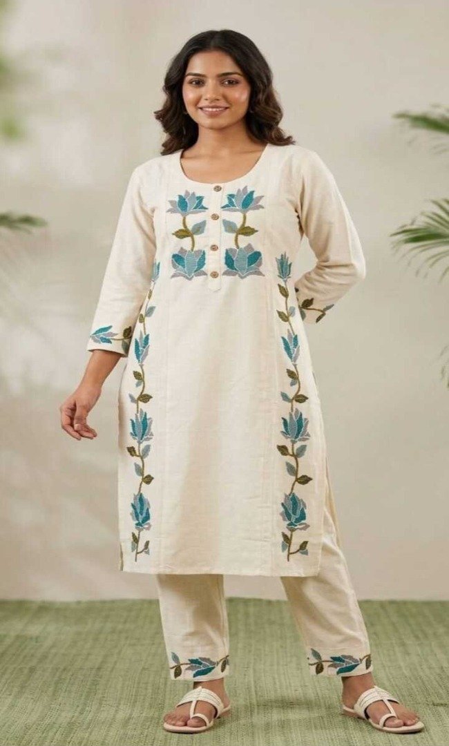 Ivory Lotus Thread Work Khadi Cotton Kurta Pant Set- MOCNA