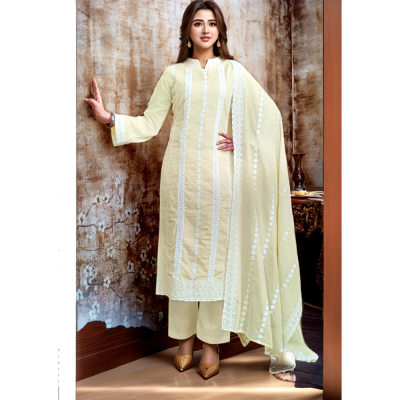 Light Yellow Embroidered Pure Cotton Dress Material Suit Set - Mocna