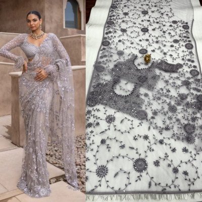 Glamorous Silver-Toned Sequined Georgette Saree - Mocna Fashion