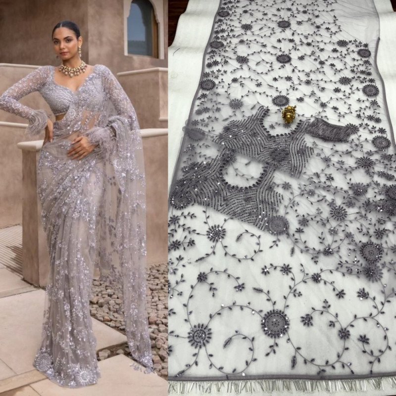 Glamorous Silver-Toned Sequined Georgette Saree - Mocna