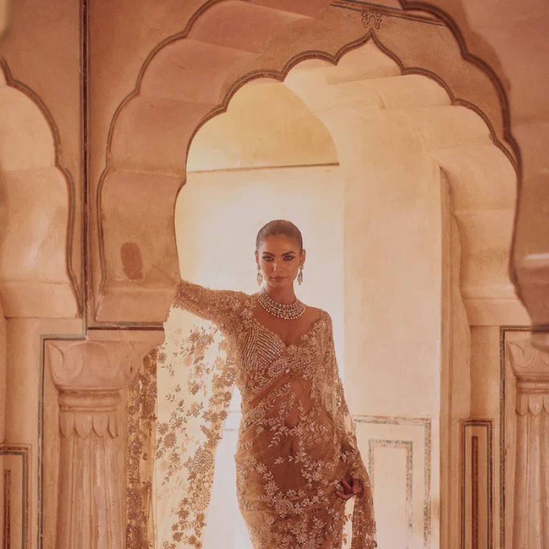 Glamorous Golden-Toned Sequined Net Saree - Mocna