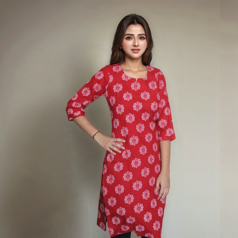 Red Floral Print Rayon Kurta - mocna