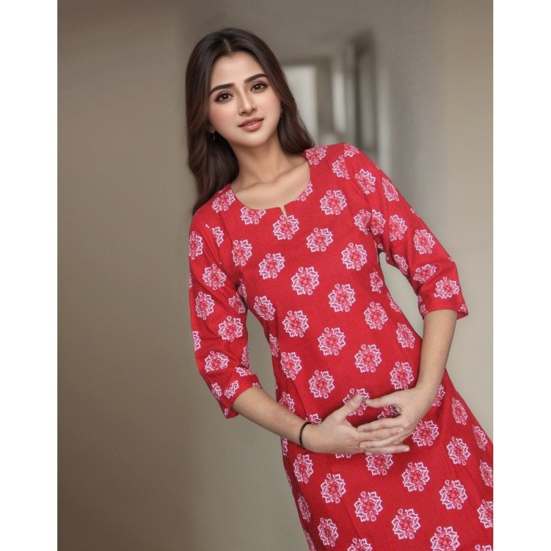 Red Floral Print Rayon Kurta - mocna