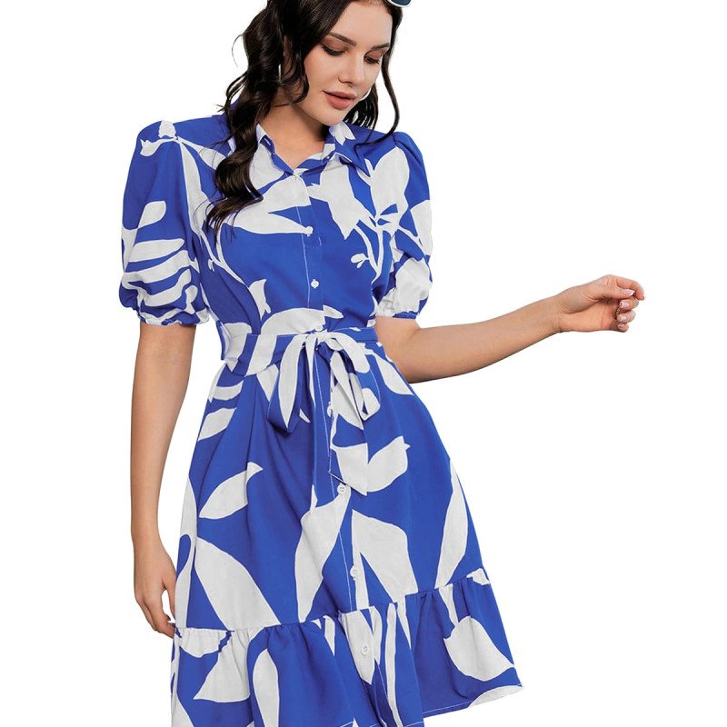 Blue Printed Slub Cotton Dress  - Mocna