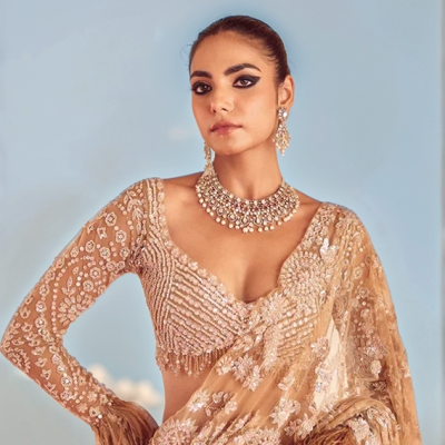Glamorous Golden-Toned Sequined Net Saree - Mocna Fashion