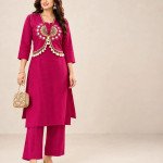 Magenta Rayon Kurta Pant Set with Embroidered Jacket-mocna