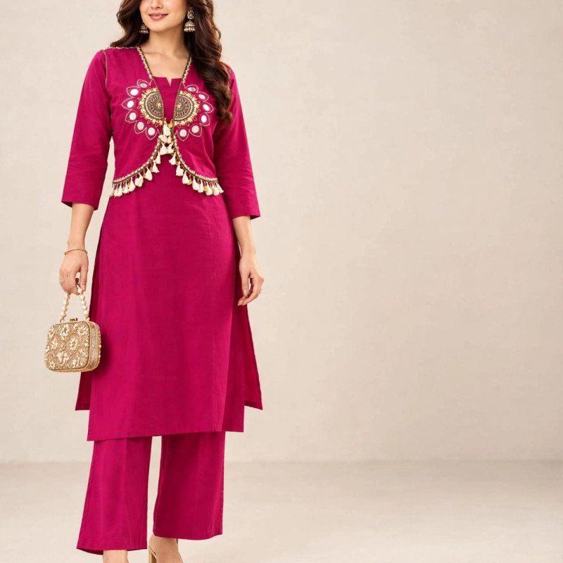 Magenta Rayon Kurta Pant Set with Embroidered Jacket-mocna