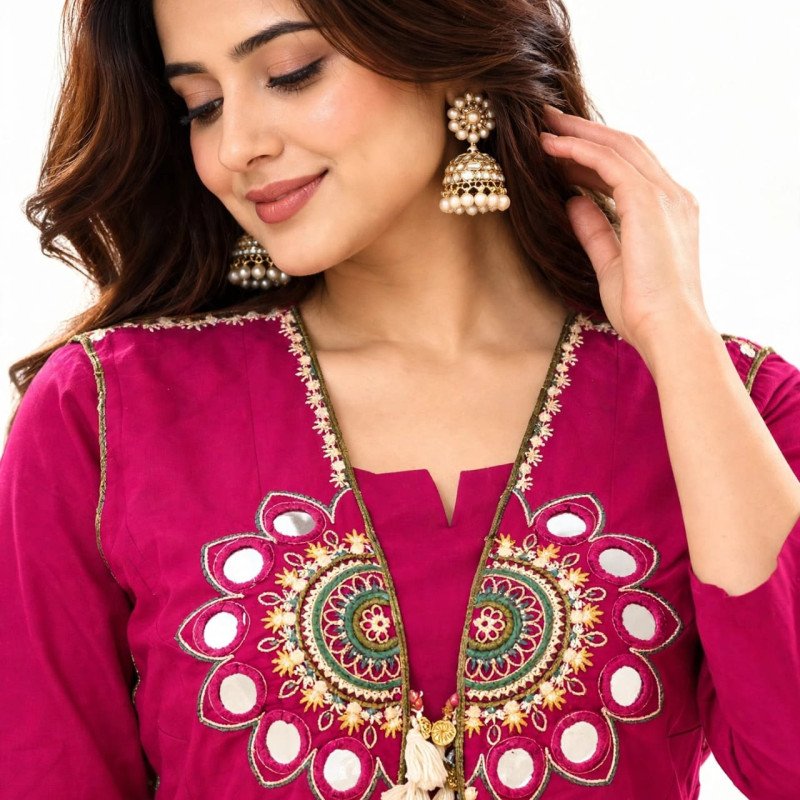 Magenta Rayon Kurta Pant Set with Embroidered Jacket-mocna