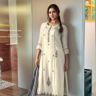 Ivory Grace Embroidered Kurta Set with Dupatta - Mocna