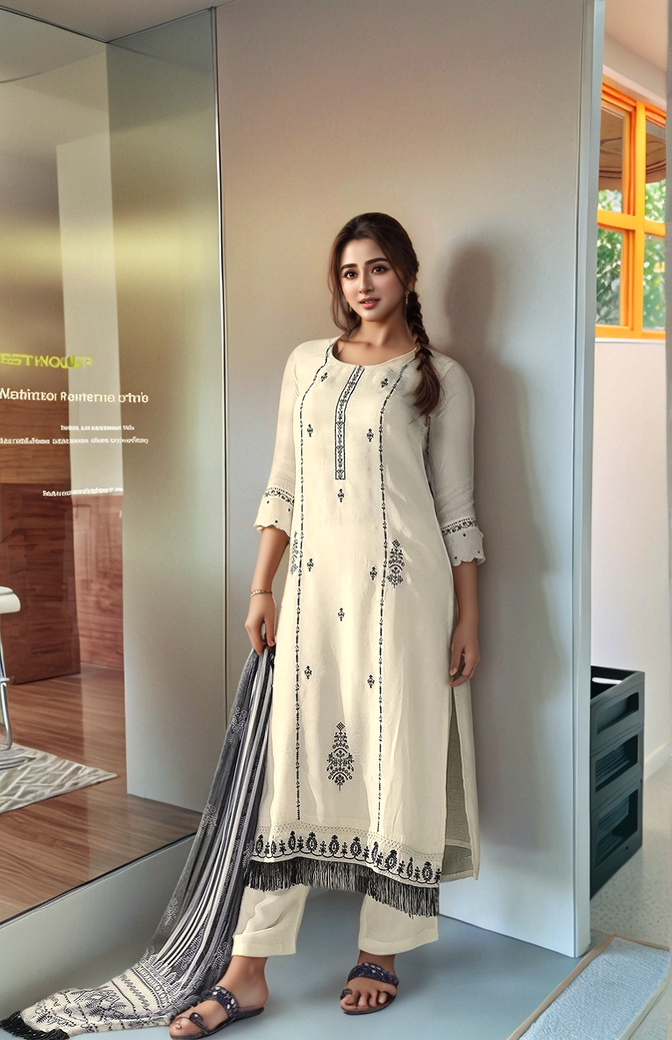 Ivory Grace Embroidered Kurta Set with Dupatta - Mocna