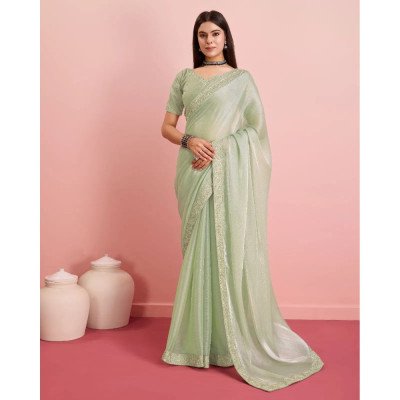 Apple Pista Green Soft Silk Embroidered Saree with Contrast Border - Mocna