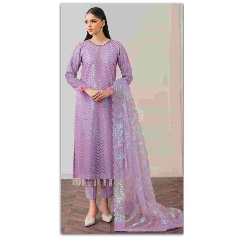 Light Purple Fox Georgette Embroidered Pakistani Suit – Unstitched Dress Material for Women with Santoon Inner &amp; Dupatta" -Mocna
