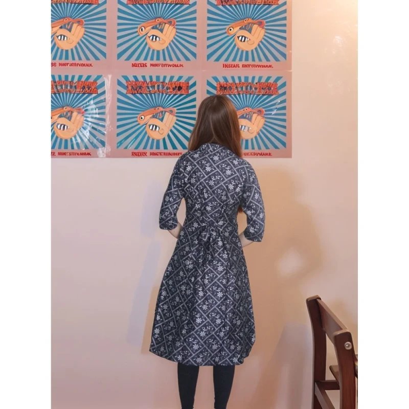 Black Floral Printed Kurta with Adjustable Belt and Collar – Mocna
