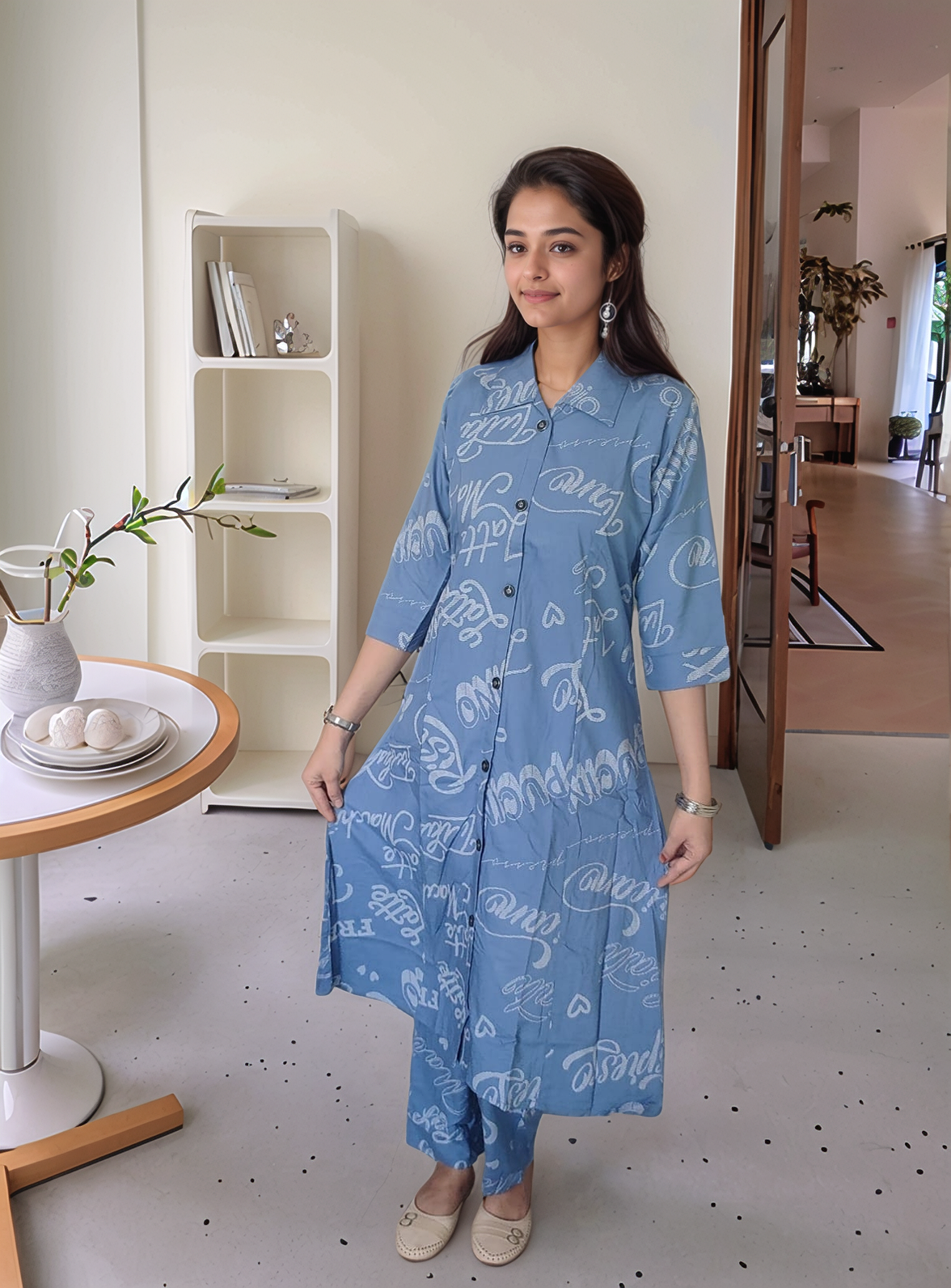 Blue Printed Co-ord Set for Women – Casual &amp; Office Wear – Mocna