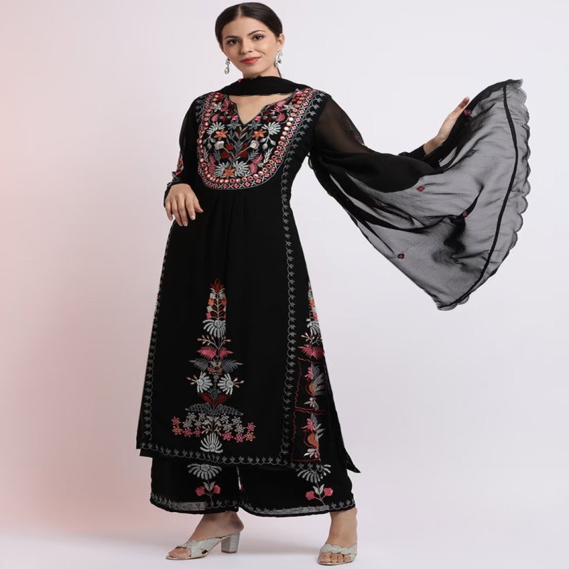 Jaipur Kurti Women Black Kurta Palazzo Dupatta Set - Mocna