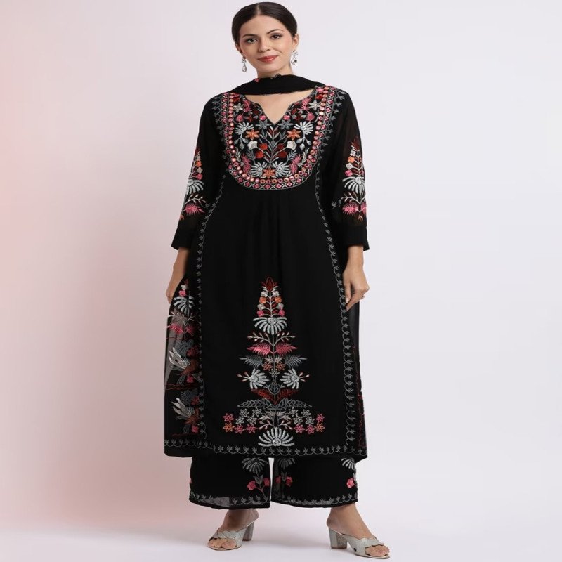 Jaipur Kurti Women Black Kurta Palazzo Dupatta Set - Mocna