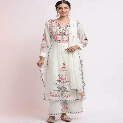 Jaipur Kurti Women White Kurta Palazzo Dupatta Set - Mocna