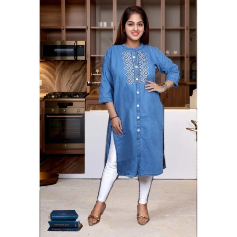 Light Blue Denim Kurti for Women  - MOCNA