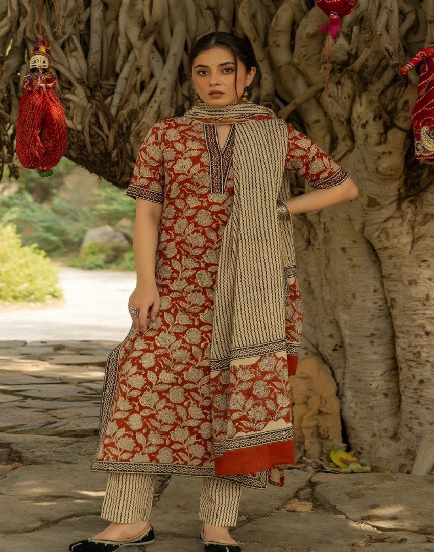 Mocna Hand Block Pure Cotton Kurta Set With Dupatta