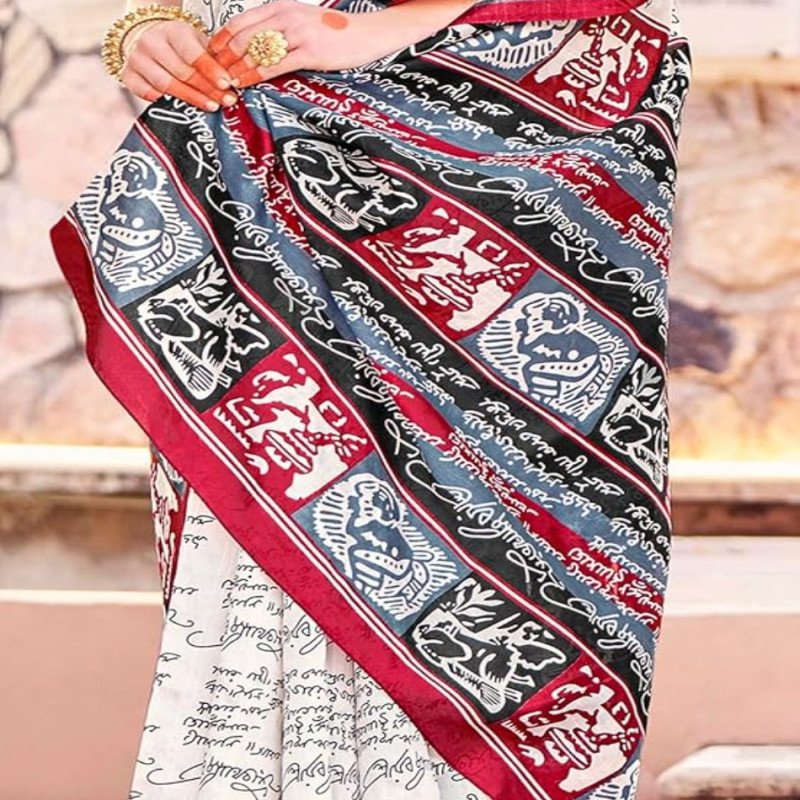 Apple Saree - Off-White and Red Bhagalpuri Printed Saree - Mocna