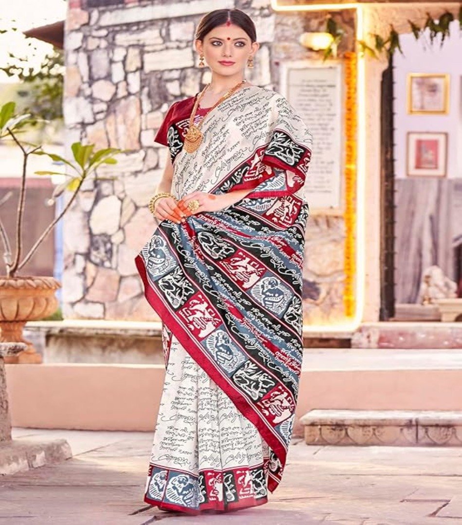 Apple Saree - Off-White and Red Bhagalpuri Printed Saree - Mocna