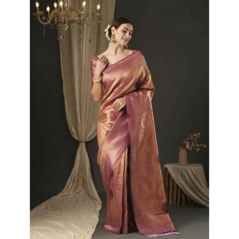 Apple Saree - Pink Metallic Gold Zari Woven Banarasi Silk Blend Saree -  Mocna