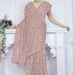 Blush Pink Floral Embroidered Net Saree – Designer Party Wear - Mocna