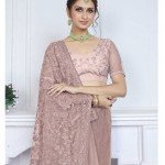 Blush Pink Floral Embroidered Net Saree – Designer Party Wear - Mocna