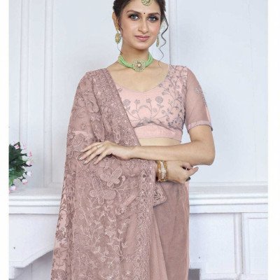 Blush Pink Floral Embroidered Net Saree – Designer Party Wear - Mocna