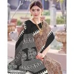 Apple Saree - Black &amp; Brown Geometric Printed Bhagalpuri Saree - Mocna