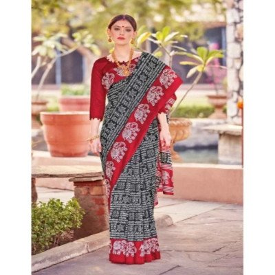 Apple Saree - Black &amp; Red Ethnic Bhagalpuri Saree -Mocna