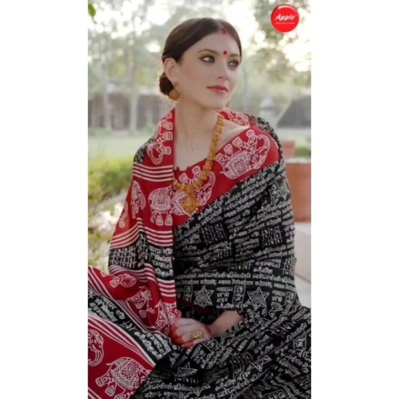 Apple Saree - Black &amp; Red Ethnic Bhagalpuri Saree -Mocna
