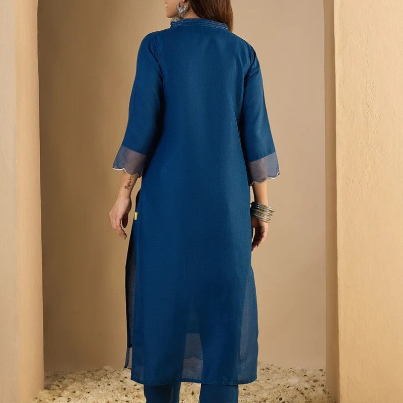 Navy Blue Cotton Blend Straight Kurta Pant Set for Women - Mocna