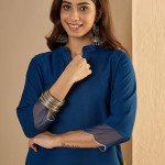 Navy Blue Cotton Blend Straight Kurta Pant Set for Women - Mocna