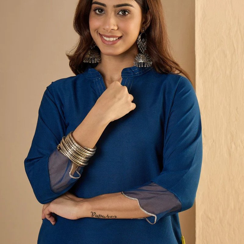 Navy Blue Cotton Blend Straight Kurta Pant Set for Women - Mocna