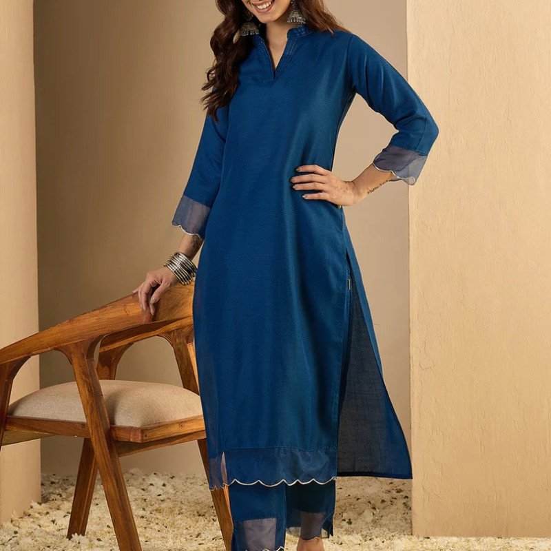 Navy Blue Cotton Blend Straight Kurta Pant Set for Women - Mocna