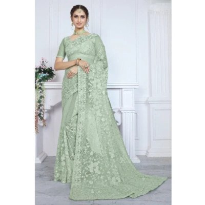 Elegant Floral Embroidered Net Saree – Green - Mocna