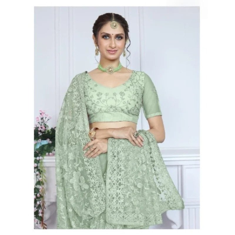 Elegant Floral Embroidered Net Saree – Green - Mocna