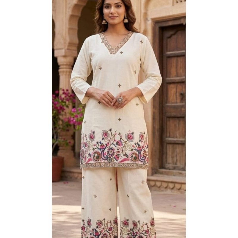 Ivory Multi  Thread Work Khadi Cotton Kurta Pant Set- MOCNA